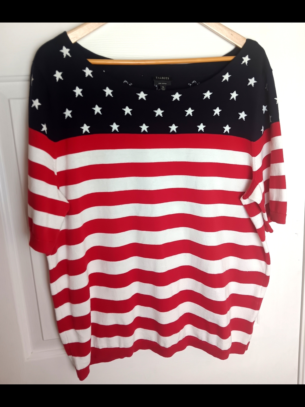 Talbots XL Short Sleeve Sweater Stars Stripes USA Flag 100% Pima Cotton 4th July